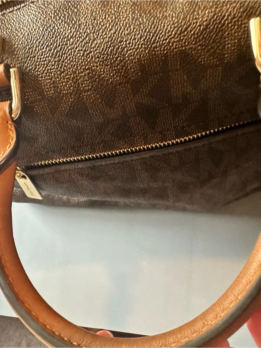 Michael Kors Brown MK Signature Dome Satchel with Tan Handles
